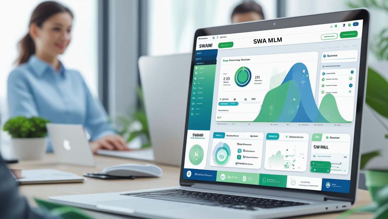 Professional team using advanced MLM dashboard from the Best MLM Software Company on a laptop in a modern office.