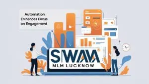 Matrix MLM Plan spillover system explained with early sign-ups benefits, visualized by SWA MLM Lucknow through a colorful team-building illustration.