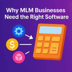 Why MLM Businesses Need the Right Software – Visual from Best MLM Software Company in Transport Nagar Lucknow showing calculator, settings, finance, and product icons on a purple background. 