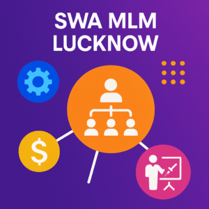 SWA MLM Lucknow – Visual from the Best MLM Software Company in Transport Nagar Lucknow showing network hierarchy, settings, finance, and training icons.