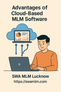Illustration of a person using cloud-based MLM software with data charts, highlighting features of the best MLM software by SWA MLM Lucknow. 