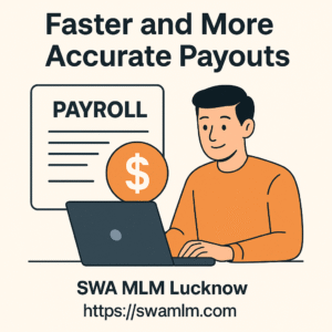Illustration of a man using payroll software on a laptop to enable faster and more accurate payouts, representing features of the best MLM software by SWA MLM Lucknow. 