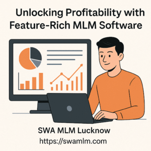 Illustration of a man working on a laptop beside a computer screen displaying charts and graphs, emphasizing the profitability of using feature-rich MLM software.