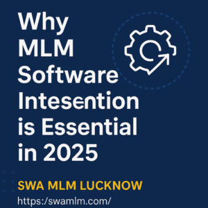 Illustration showing a gear icon with an arrow, representing the importance of MLM Software Integration in 2025, with branding for SWA MLM Lucknow.