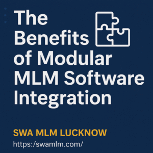 Illustration showing the benefits of modular MLM Software Integration with a puzzle icon, created for SWA MLM Lucknow.