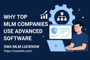 Top MLM Companies using advanced software solutions by SWA MLM Lucknow – featuring charts, network diagrams, and data analytics for business growth.