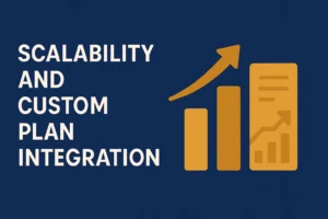 Illustration representing scalability and custom plan integration with ascending bar graphs, an upward arrow, and a chart document, symbolizing growth and flexibility in Crypto MLM Software