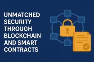 Illustration showing unmatched security through blockchain and smart contracts, with a padlock, digital document, and interconnected blocks, representing the secure nature of Crypto MLM Software