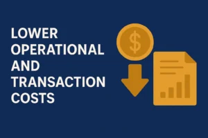 Illustration showing lower operational and transaction costs with a dollar coin, downward arrow, and bar chart document, highlighting the cost-efficiency of Crypto MLM Software