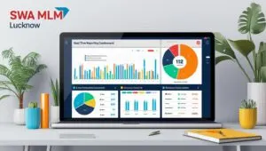 Modern laptop screen displaying the Best MLM Commission Software with real-time dashboards, graphs, and analytics developed by SWA MLM Lucknow, placed on a neat office desk with green plants.