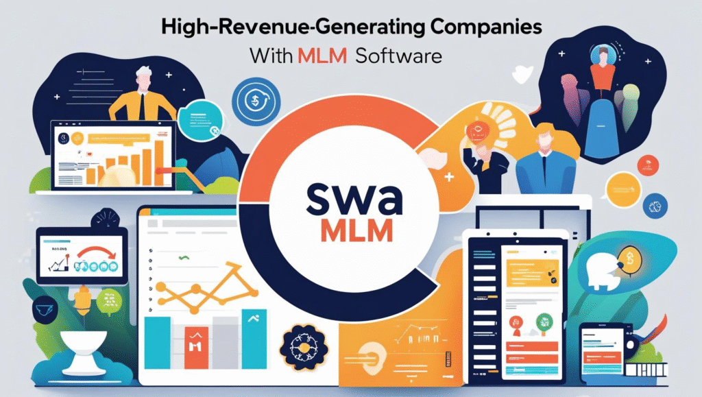 Dashboard and team collaboration visuals representing Top MLM Companies using advanced MLM software solutions.