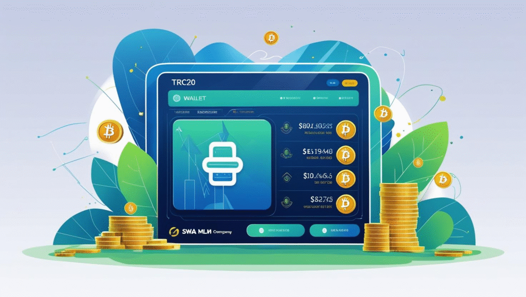TRC20 Wallet : The Key to Your Digital Currency Success and Future Growth 5 Illustration of a TRC20 Wallet dashboard showing cryptocurrency balances, transaction panel, Bitcoin icons, and digital coin stacks, designed by SWA MLM.