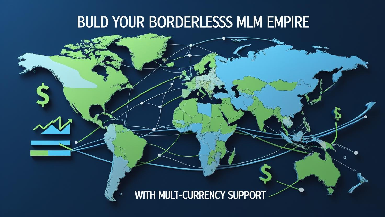 World map visual showing global MLM expansion with Multi-Currency Support
