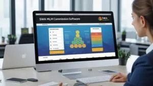 Businesswoman using Best MLM Commission Software developed by SWA MLM Lucknow, displaying binary tree structure and commission reports on a computer screen in a modern office setting.